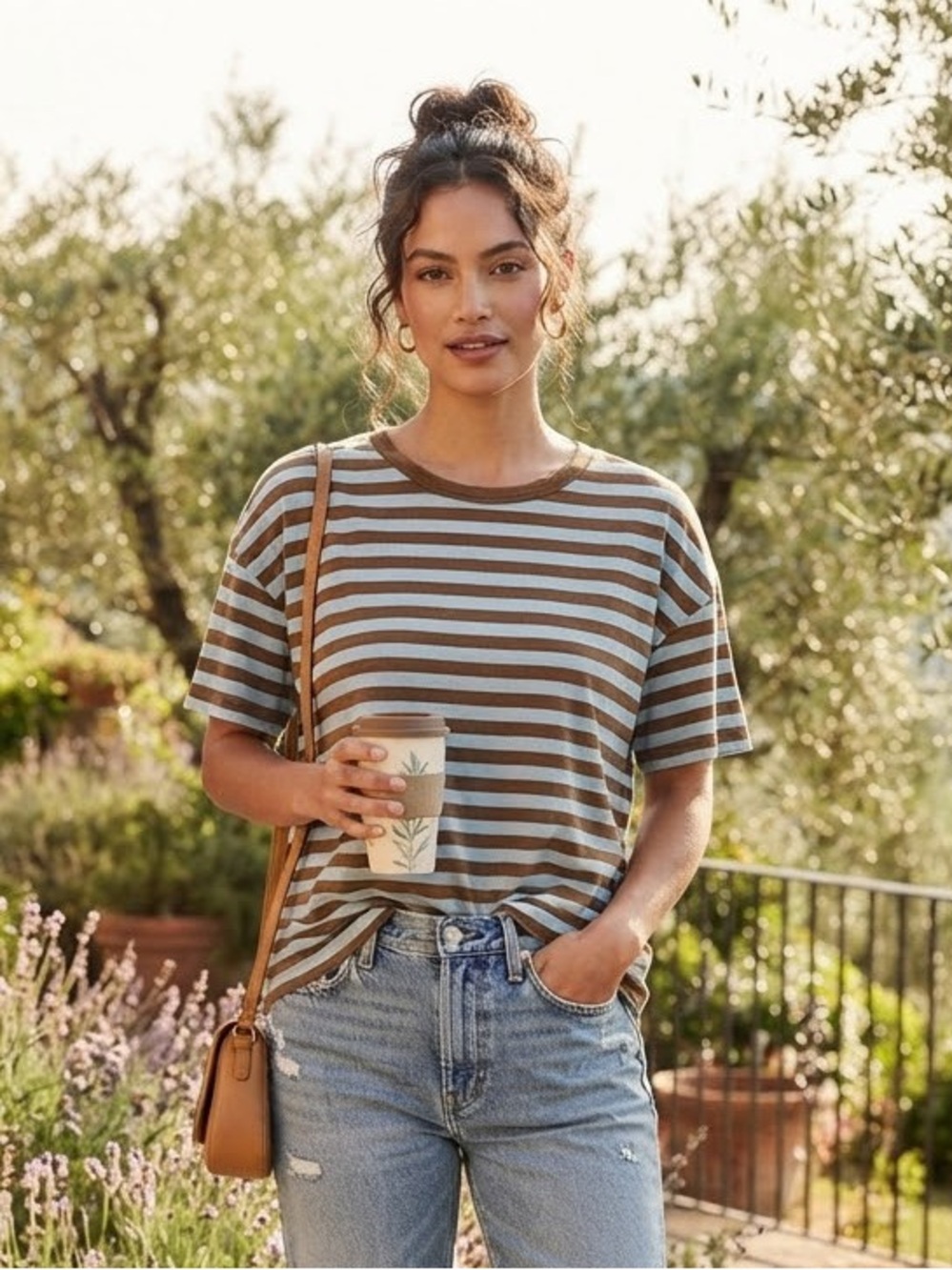 American Eagle Outfitters Brown and Light Blue Striped Short Sleeve Tee